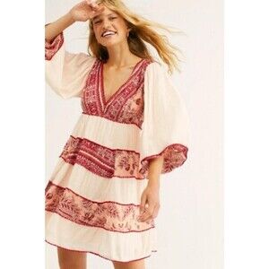 Free People My Love Swing Mini Dress Pink Floral Long Sleeve Boho Sz XS Hippie